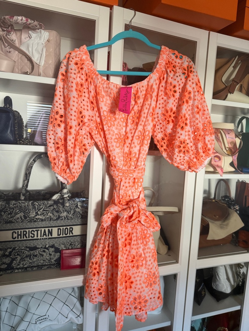 Lilly Pulitzer Coral-Orange Eyelet Midi Dress with Balloon Sleeves